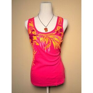 Y2K Basic Editions Hot Pink Tropical Floral Tank Top Small Summer #9